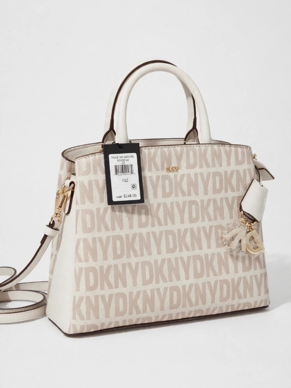 DKNY Beige & White Logo-Print Satchel with Gold Hardware